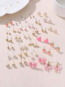 30pcs/Set Minimalist Bow, Flower, Pearl & Metal Cute Sweet Style Earrings Set For Girls - 多色 2 - 查看 3