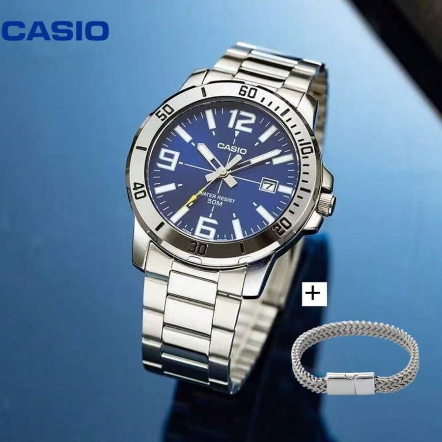 Casio 卡西欧 MTP-VD01D 商务男士手表，蓝色表盘，不锈钢表带，50米防水石英腕表，适合送给父亲或男友的礼物