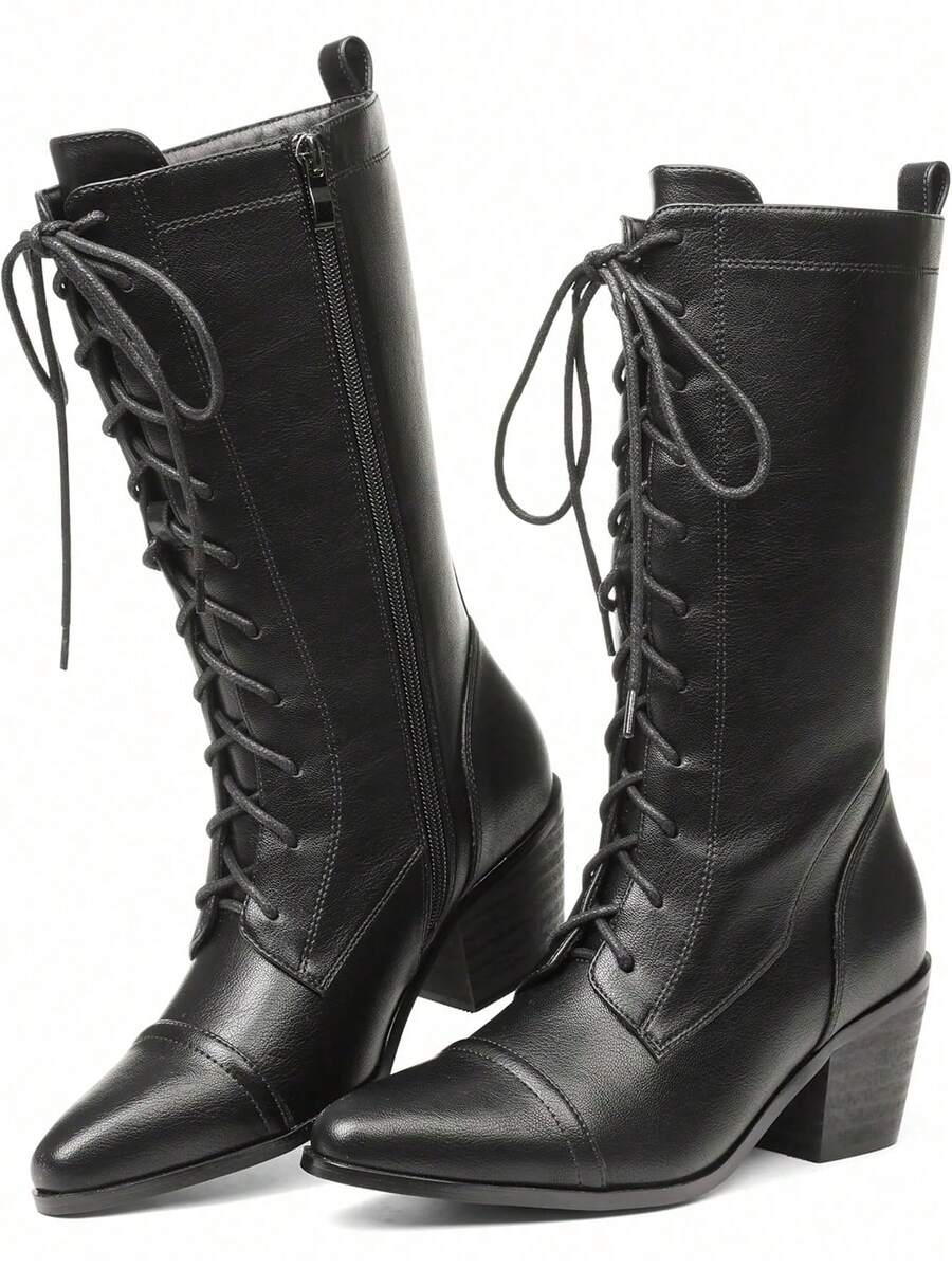 Women's Easter Leather Black Mid Calf Boots Lace Up Chunky Heel Vintage Combat Heeled Dress Casual Boots Country Concert Combat Boots For Women - 黑色 - 查看 1