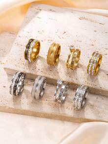 4 piezas de anillos de acero inoxidable con strass de lujo ligero y diseño geométrico de números romanos para mujer, chapados en oro de 18K, adecuados para uso diario o fiestas - Juego de anillos - Ver 2