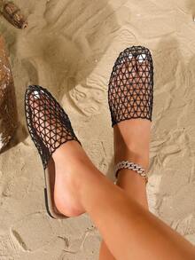 女士绳编凉鞋，露趾平底凉鞋。女士透气编织拖鞋，纯色度假风网眼拼接沙滩派对室内外春夏款 - 黑色 - 查看 12