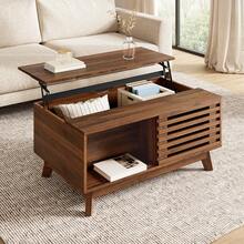 Retro-Modern Coffee Table, Height-Adjustable Top, Sliding Louvered Door, Walnut Finish, MDF Structure, Multifunctional Living Room Table - Walnut - View 1