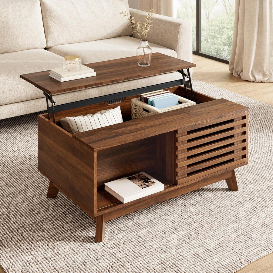 Retro-Modern Coffee Table, Height-Adjustable Top, Sliding Louvered Door, Walnut Finish, MDF Structure, Multifunctional Living Room Table - Walnut - View 1