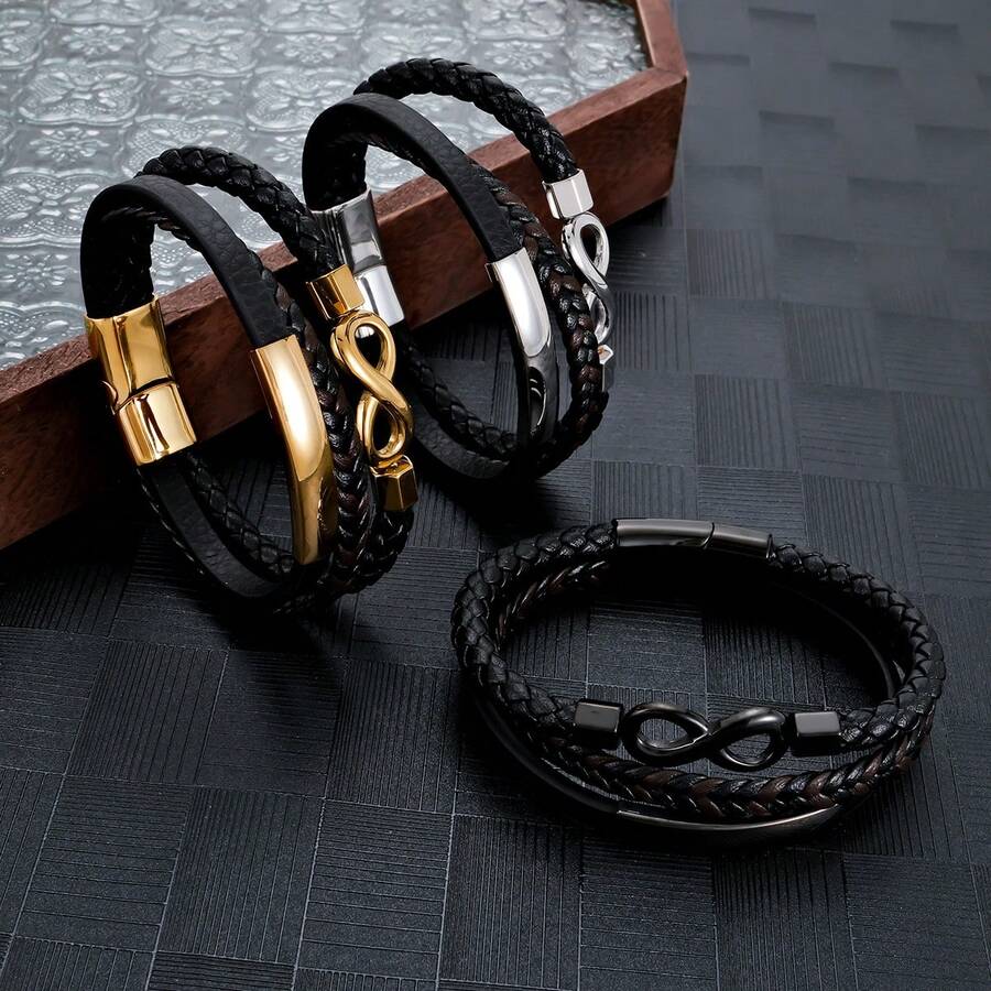 1 chiếc vòng tay da bện bằng thép không gỉ, thiết kế biểu tượng vô cực, quà tặng cho gia đình và bạn bè. - Đen - Xem 1