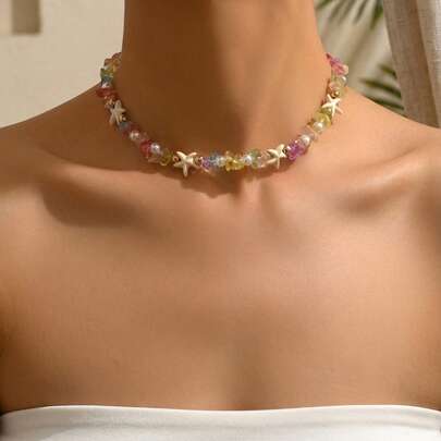 1pc Summer Island Style Colorful Stone Beaded Necklace, Versatile Turquoise Starfish Pendant Necklace, Fashionable Ocean Vibe Jewelry For Women, Suitable For Vacation, Party And Daily Wear. The Color Arrangement Of The Colorful Stones Is Random.