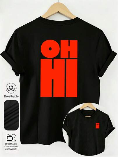 女士街头红色 OH HI 字母图案圆领短袖简约夏季女式上衣，女士日常趣味字母图案圆领短袖休闲夏季黑色T恤。