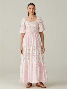 Women's Floral Print Patchwork Pleated Dress With Bubble Sleeves And Square Neck Casual Loose Dress - Hồng - Xem 3