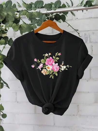 Camiseta unisex, 1 pieza Mujeres Día de San Valentín Día Floral Imprimir Camiseta - Corto Manga Redondo Cuello Blusa Adecuado para Primavera Verano Informal Desgaste, Máquina Lavable Opaco Superior con Colorido Flor para Superposición de capas o Todos los días Outfits,ropa de mujer blusas para dama casuales camisas de mujer blusa blusas para mujer camisas,Lightweight, Breathable Fabric,Pretty Style, Summer Outfit,Cool Trendy, School & Daily,graphic tees,blusas bonitas de mujer