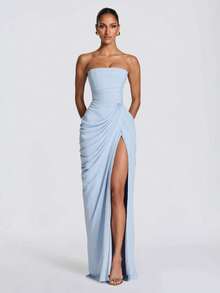 Women's Long Sleeve Slip Bodycon Midi Dress With Slit - 淺藍色 - 查看 1