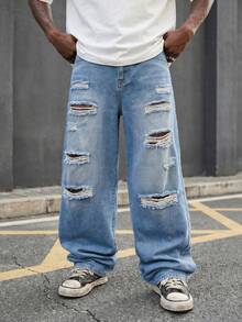 LIYS Retro Blue Distressed Loose Straight Leg Jeans, High Street Ripped Casual Wide Leg Pants - Blue - View 2
