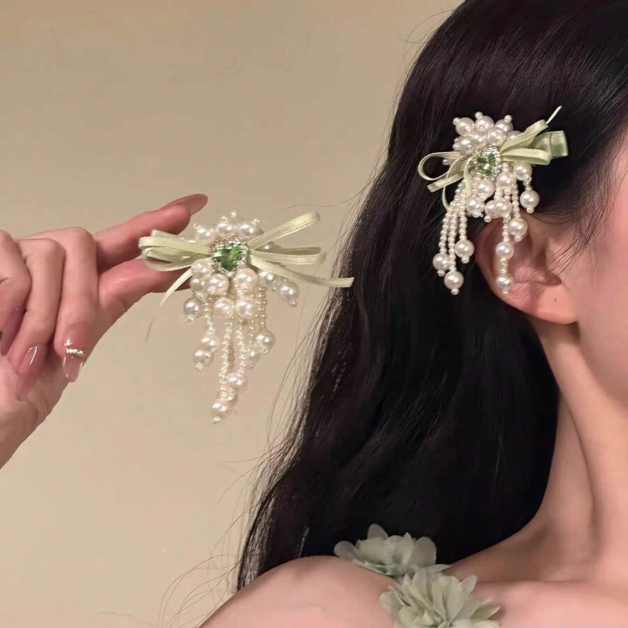 【×パール】蝶リボンクリップ 揺れるフリンジ 大人可愛いヘアアクセ - ピンクのリボンとパールのヘアクリップ - チェックする 1