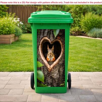 1pc 2D Flat Self-Adhesive Trash Can Sticker,Cute Squirrel Heart Tree Trash Can Sticker, Animal Bin Decal, Waterproof PVC Home Decor, PVC Material, Easy To Peel And Stick, Flat Art Sticker, Kitchen Storage
