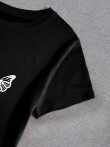 Camiseta de cuello redondo con estampado de mariposa - Negro - Ver 3