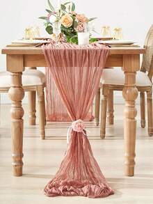1pc Coral Pink Chiffon Ruffle Design Table Runner, Solid Color Tablecloth, Suitable For Holiday, Graduation, Birthday Party Decor, Wedding Accessories, Family Holiday Party Table Decor, Baby Shower, Bridal Shower Tablecloth, Party Table Runner, Cheese Cloth Table Runner, Table Decor - Coral Pink - View 3