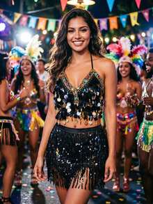 Carnival 2 Pieces Outfit Set - Sequin Fringe Coin Embellished Bra Top & Hip Wrap For Festival, Rave & Parade Wear (Available In Multiple Colors) - Multicolor - View 22