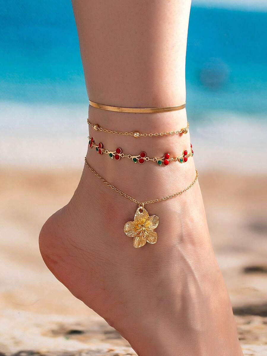 4pcs Cherry Blossom & Egg Pendant Charm Set, Elegant Layered Anklet Suitable For Women's Daily & Vacation Outfits - Yellow Gold - View 1