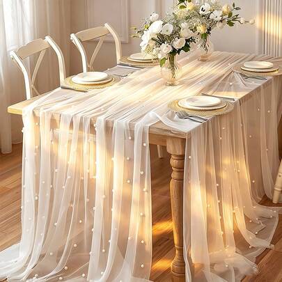 1片珍珠薄纱：适用于户外婚礼楼梯和房间装饰、情人节桌旗和节日装饰，以及女士头纱和薄纱点缀。