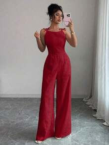 El mono de pierna ancha Elezga Elegante, con decoración de lazo en los hombros y estampado floral de margaritas en tela de brocado, es adecuado para el uso diario. - Rojo - Ver 5