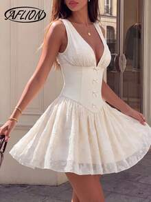 Aflion 女士杏色3D立体花卉刺绣深V领荷叶边迷你连衣裙 - 复古浪漫甜美公主风，适合约会、派对、晚宴、婚礼宾客、音乐节等场合。 - 杏色 - 查看 5