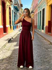 Women's Casual Jumpsuit For Outdoor Use With Twisted Pleats, Straight Leg, Loose Fit, Spring/Summer - 酒紅色 - 查看 3