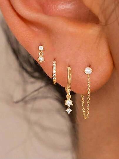 4pcs/Set Fashionable 14K Gold Plated Pearl Earring Set, Cubic Zirconia Embedded, Hypoallergenic, Women Earring Set Suitable For Stacking, Daily Matching, Holiday Jewelry Gift