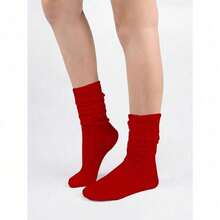 1Pair Women's Slouchy Crew Socks, Fall Winter, Thick, Slouch, Red, Soft And Comfortable, Mother's Day Moisture-Wicking, Fashion Daily Wear, Cross Fit Sock, Red School Sock, Christmas - Red - View 4