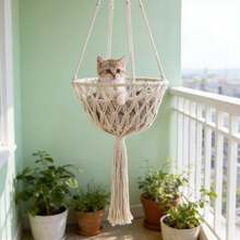 1 chiếc võng treo cho mèo bằng macrame, kiểu Bohemian, giường treo cho mèo, nghệ thuật sợi thủ công, thích hợp cho mọi mùa - Không bao gồm đệm. - Màu be - Xem 8