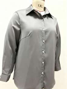 Plus Size Women's Casual Gray Shirt, Made Of Soft, Comfortable, Semi-Sheer, Lightweight Polyester Fabric With Slight Stretch, Plus Size Fit, Suitable For Spring/Summer Wear, Layering Or Daily, Office, Work, Vacation - Grey - View 4