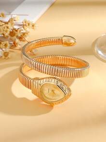 Gold Snake-Shaped Stretch Bracelet Watch With Crystal Accents, Teardrop Dial, Y2K Retro Statement Accessory 1pc/Set - Gold - View 4
