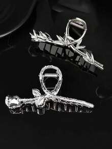 1pc Fashionable Tulip/Bamboo Leaf Flat Metal Hair Claw Clip - Silver - View 4