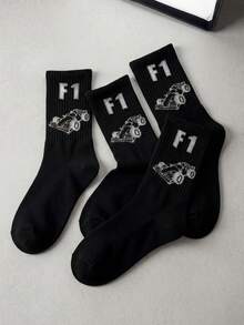 4 Pairs Men's Black Cartoon Racing Car Pattern Crew Socks, Breathable Moisture-Wicking, Suitable For Spring/Summer - Black and White - View 5