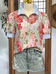 Women's Striped & Floral Contrast V-Neck Button-Up Blouse With Puff Sleeves, Spring/Summer Vacation - Flower - View 4