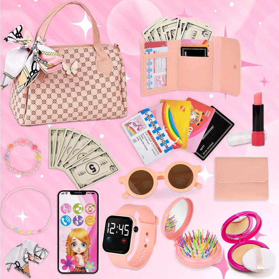 女孩公主钱包玩具套装 | 包括玩具化妆品、手提包、玩具手机、手表和围巾 | 适合3/4/5/6岁以上女孩的完美生日礼物 - 彩色 - 查看 1