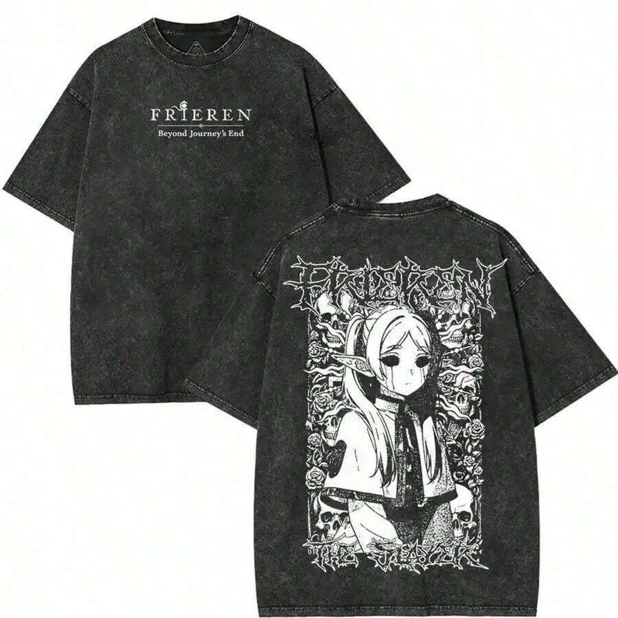 Frieren Death Metal Tee, Gothic Anime T-Shirt, Dark Fantasy Wash Shirt, Beyond Journey's End Merch  Shirt Comfort Cotton Fabric Top,Cosplaysummer Outfits For Womensummer Clothes Graphic Tees - 黑色 - 查看 1
