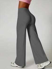 NcmRyu 1pc Women Solid Color Relaxed Fit High Waist Wide Leg Sports Pants - Grey - View 6