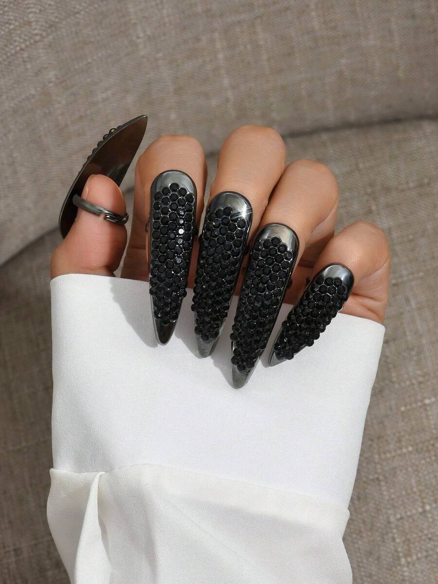5 piezas Anillos de dedo abiertos con brillantes de moda, accesorios para uñas - Dorado - Ver 1