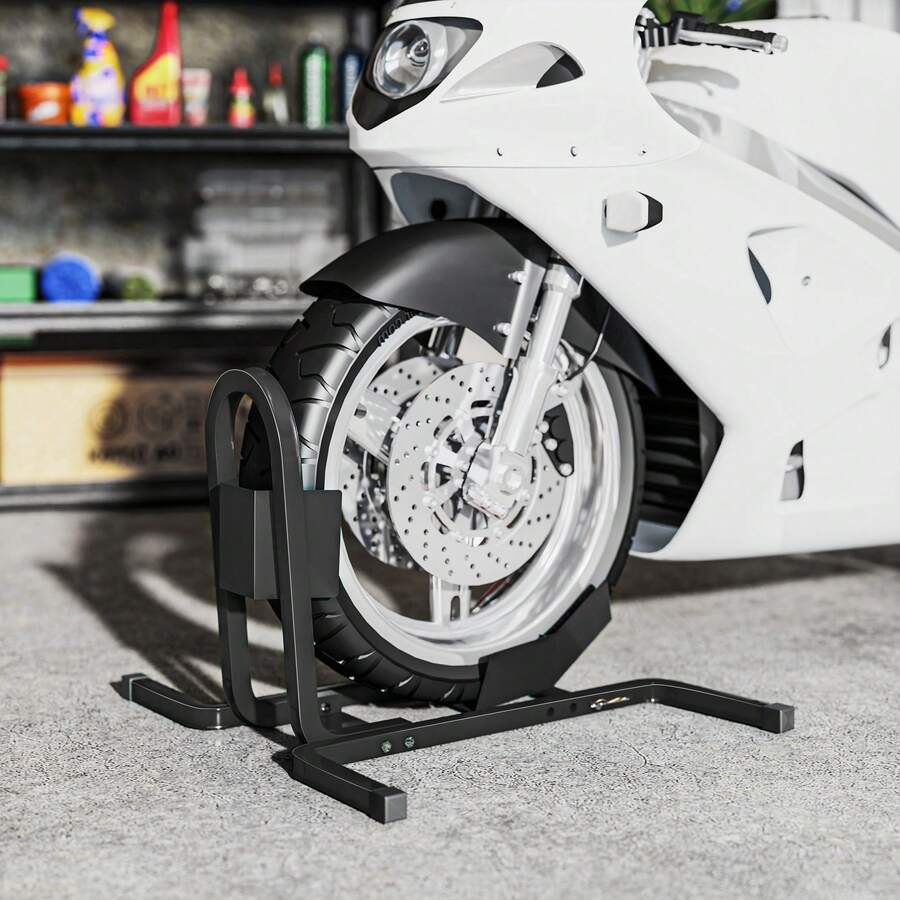 HOMCOM Caballete de Moto Delantera, Soporte para Rueda Delantera de Moto Ajustable en 3 Niveles de Metal Robusto, para Ruedas ∅43, 48, 53 cm, Negro - Negro - Ver 1