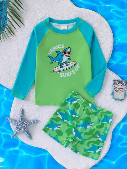 2pcs/Set Boys' Cartoon Shark Print Long Sleeve Swimsuit, Elastic Waist Swim Trunks, Quick Dry Stretchy Fabric, Suitable For Pool, Summer Beach Vacation And Surfing Fun