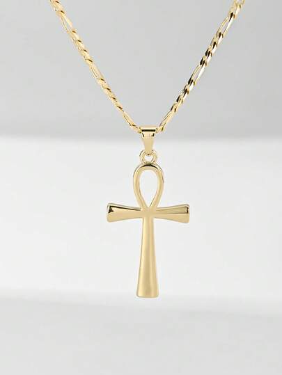 1条14K镀金铜复古宗教埃及十字架项链，青少年款，简约个性设计，男女皆宜，百搭信仰饰品，适合校园日常佩戴及各种场合，节日理想礼物