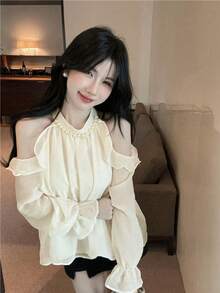 女士纯色荷叶边优雅露肩上衣 - 杏色 - 查看 5