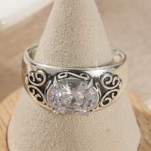 创意经典波西米亚图腾女士戒指，四爪镶嵌合成立方氧化锆，适合节日和派对的百搭饰品 - 銀色 - 查看 2