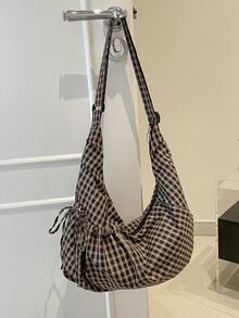 Bolso de hombro y bandolera multifuncional de diseño único de moda, de alta calidad, a cuadros, con cordón y forma de empanadilla, para uso diario y desplazamientos - Marrón - Ver 6