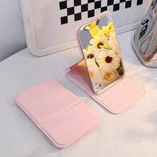 Travel Essentials Folding Vanity Mirror - Protective PU Leather Cover Makeup Mirror, Portable Large View Tabletop Mirror For Vacation & Business Trips - Pink - View 5