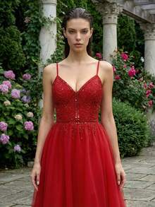 Elegant Burgundy Spaghetti Strap Beaded A-Line Mesh Party Dress, Perfect For Formal Occasions, Elegant Balls And Evening Parties, Also Suitable For Wedding Guests, Graduation Ceremonies, Evening Parties, Gatherings And Balls - Burgundy - View 3