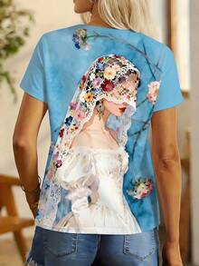 法式印花时尚T恤，女士夏季度假装 - 淺杏色 - 查看 2