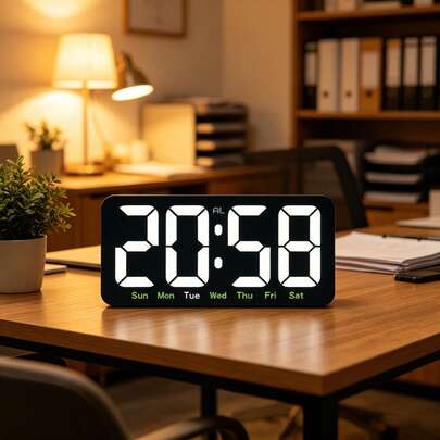 4-Jahreszeiten Große Digitaluhr mit Temperaturanzeige, minimalistisches Design Wanduhr mit Datum, Wochentag, Doppelwecker, 3-stufig dimmbar, geeignet für Wohnzimmer, Schlafzimmer, Büro, USB-betrieben, ohne Batterie erforderlich