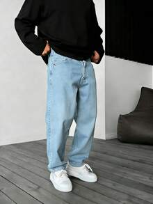 Men's Y2K Straight Leg Washed Casual Jeans, Minimalist Black Denim Pants - Light Wash - View 4