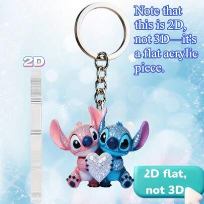 Disney 2D平面 - 1 迪士尼《星际宝贝》史迪奇和天使手捧爱心，新款平面亚克力钥匙扣，实用、美观、新颖的钥匙扣/钥匙圈