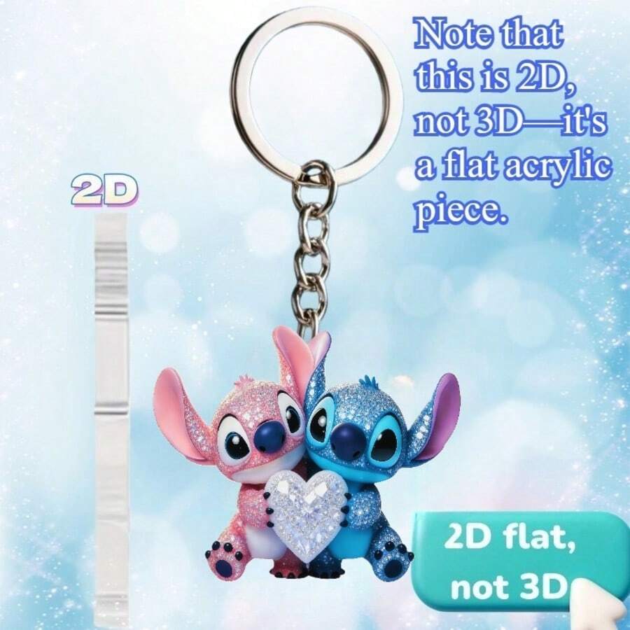 Disney 2D平面 - 1 迪士尼《星际宝贝》史迪奇和天使手捧爱心，新款平面亚克力钥匙扣，实用、美观、新颖的钥匙扣/钥匙圈 - 彩色 - 查看 1