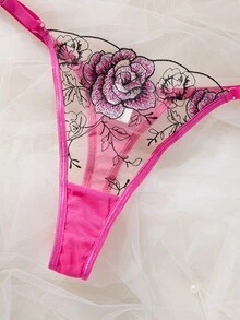 1 Set Of 2 Pieces Hot Pink Floral Rose Embroidery Sheer Lingerie Set With Bra & Panty - Hot Pink - View 6